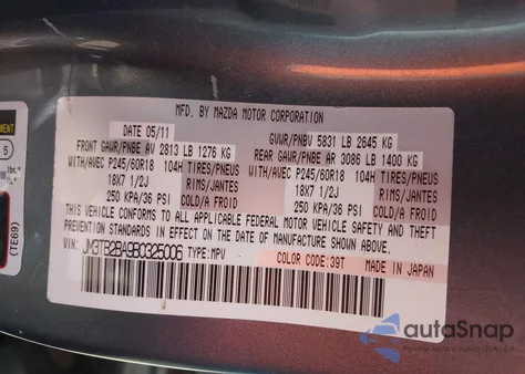 2011 Mazda Cx-9 Sport z USA, uszkodzony, nr VIN JM3TB2BA9B0325006